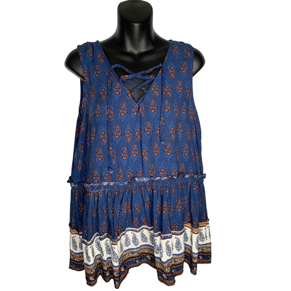 Maurice's Paisley Peplum Tank Lace up V-Neck Cinched Waist Women's XL